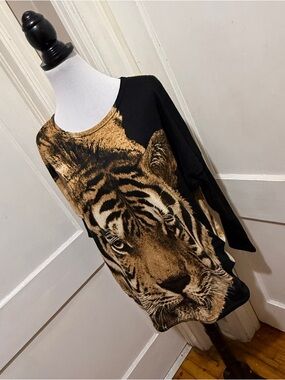 Tiger Face Graphic Long Sleeve Top - Black & Tan